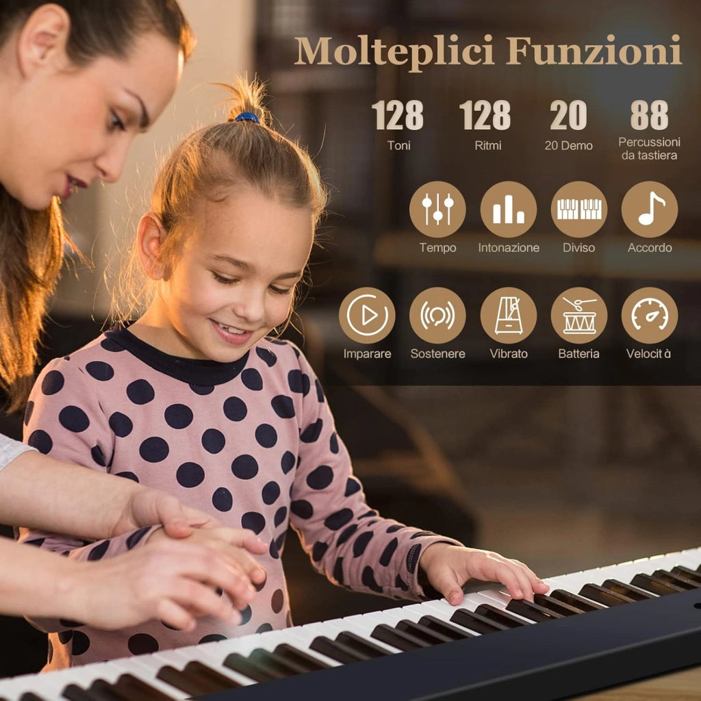Tastiera Elettronica 88 Tasti Semi-Pesati Illuminati, Pianoforte Digitale Pieghevole Portatile con Custodia, Sustain Pedali, Modalità di Insegnamento, MP3/USB/MIDI/Bluetooth (Nero)