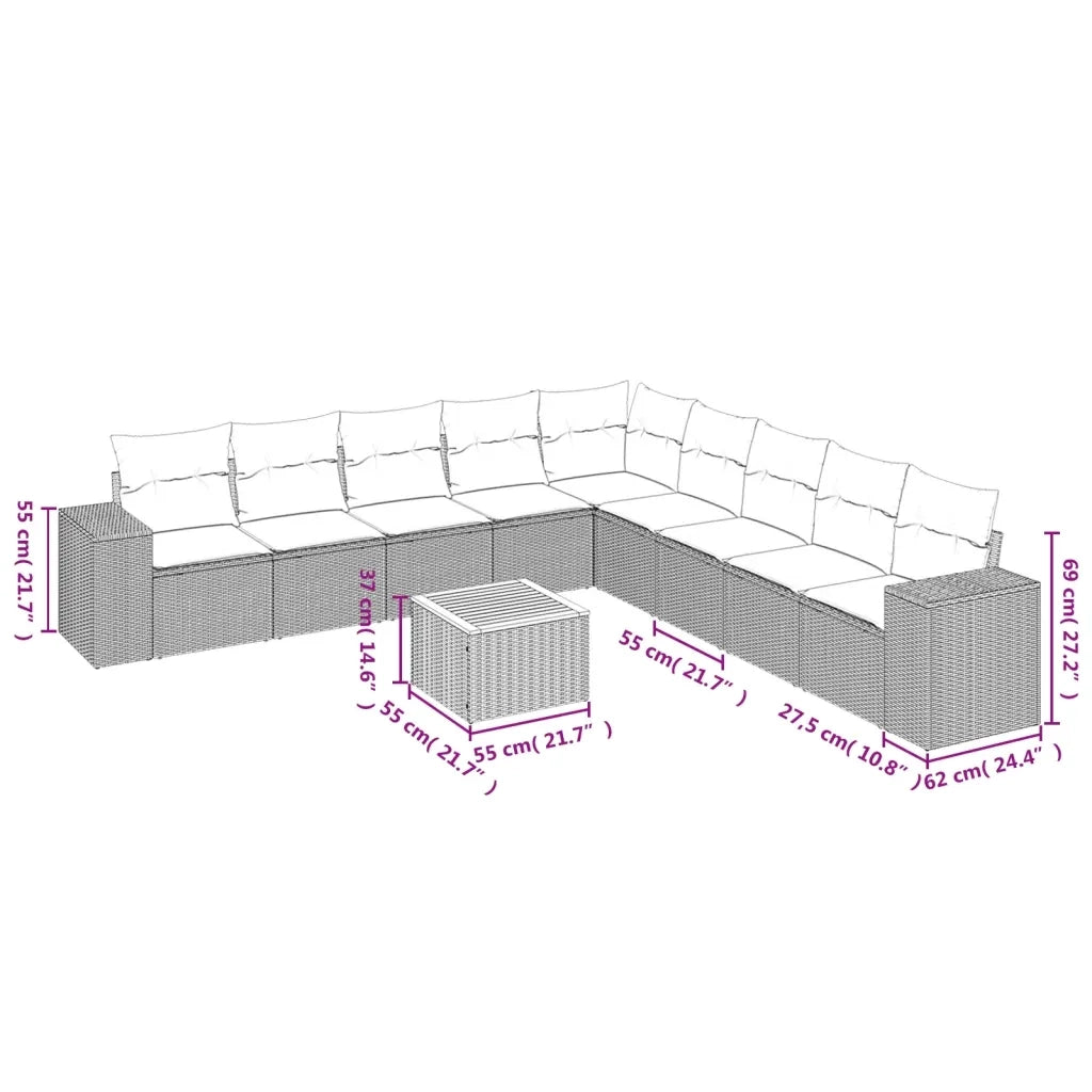 Set Divani da Giardino 10pz con Cuscini in Polyrattan Nero 3257820