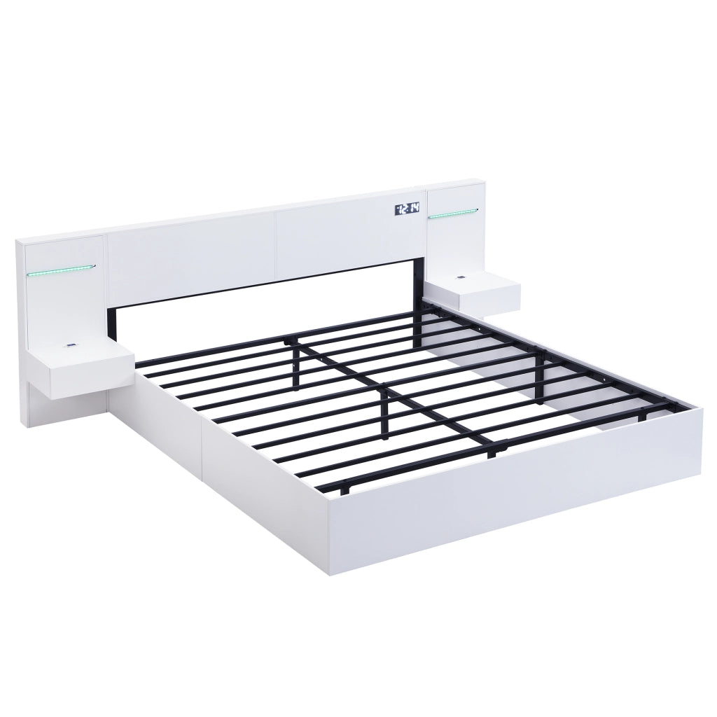 Letto matrimoniale 180x200 cm in MDF bianco con USB, Bluetooth, orologio digitale e luci LED
