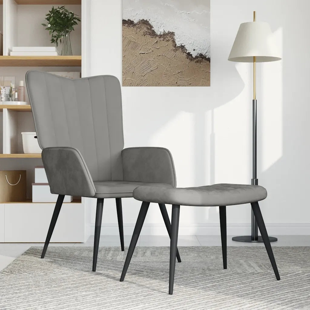 Poltrona Relax | Sedia Relax con Sgabello Grigio Chiaro in Velluto