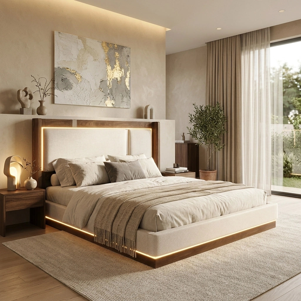 LETTO Contenitore 140x200 cm Beige in lino e legno con LED