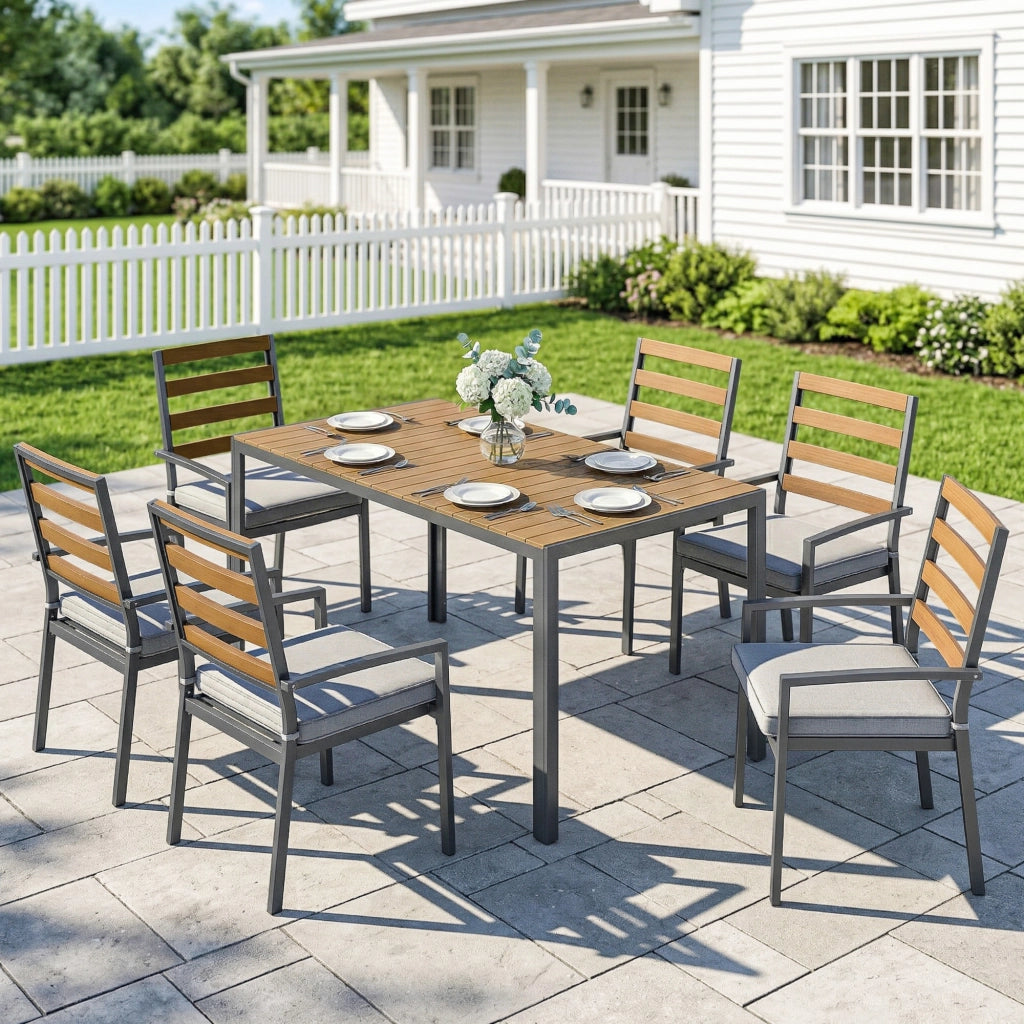 7 pezzi. Set di mobili da giardino set da giardino con 1 tavolo da pranzo 6 sedie cuscini per terrazza legno naturale