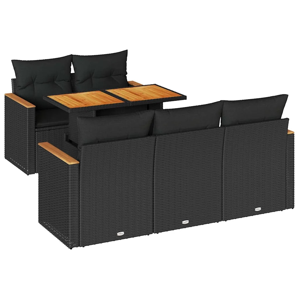 Set Divano da Giardino 6 pz con Cuscini Nero Polyrattan Acacia 3327436