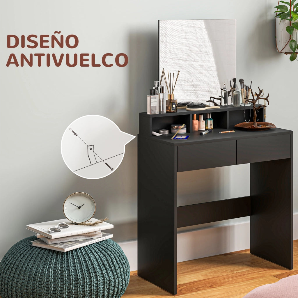 Tocador con specchio 2 cassetti 3 scompartimenti ¨C Minimal ¨C Nero 75x38x135 cm