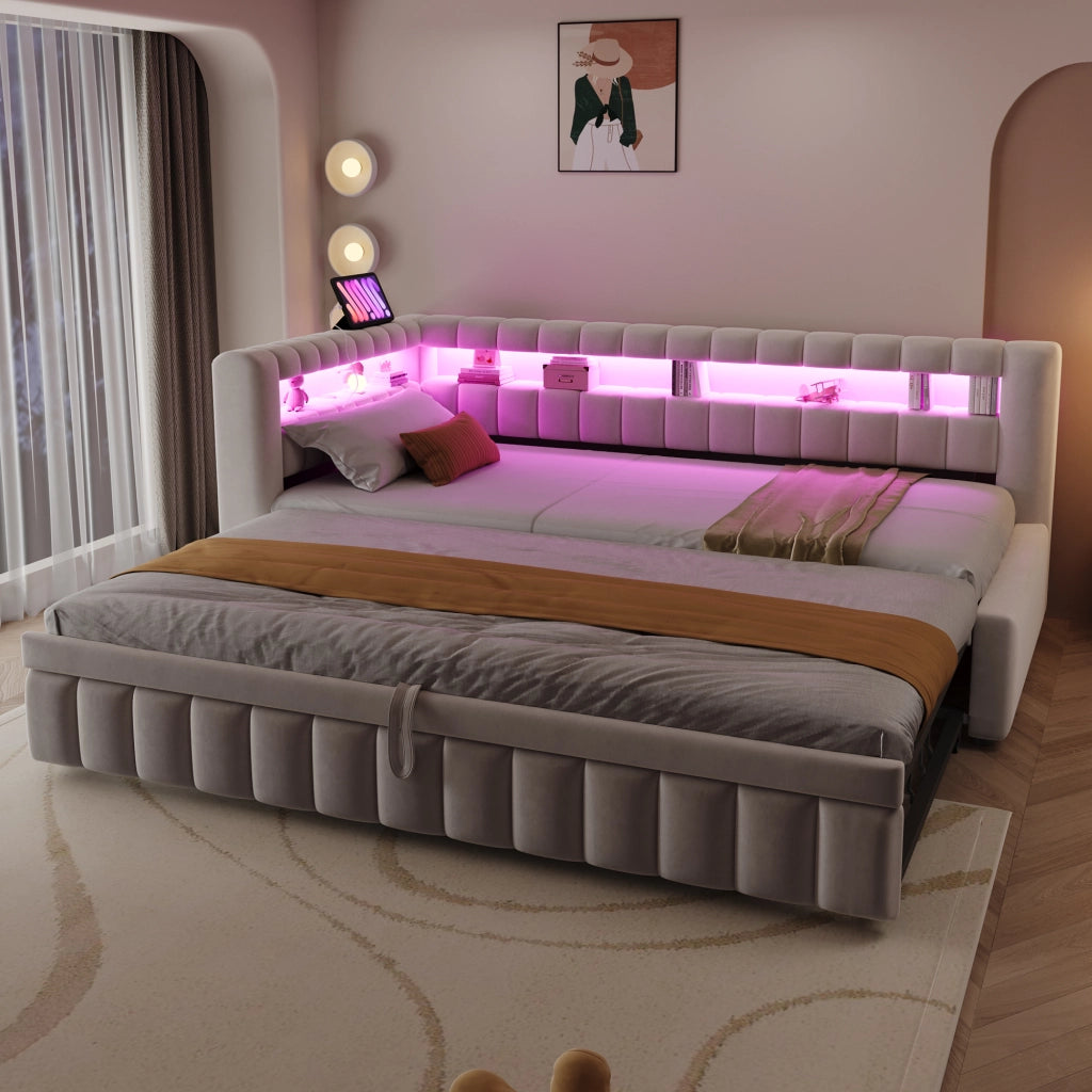 LETTO IMBOTTITO ESTRAIBILE 90x200 cm Velluto Beige con LED e porte USB/Tipo-C