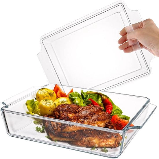 Casseruola 2L in vetro termoresistente - Rettilineo - Casseruola con coperchio - Forma lasagna - Piatto da forno - Facile da pulire