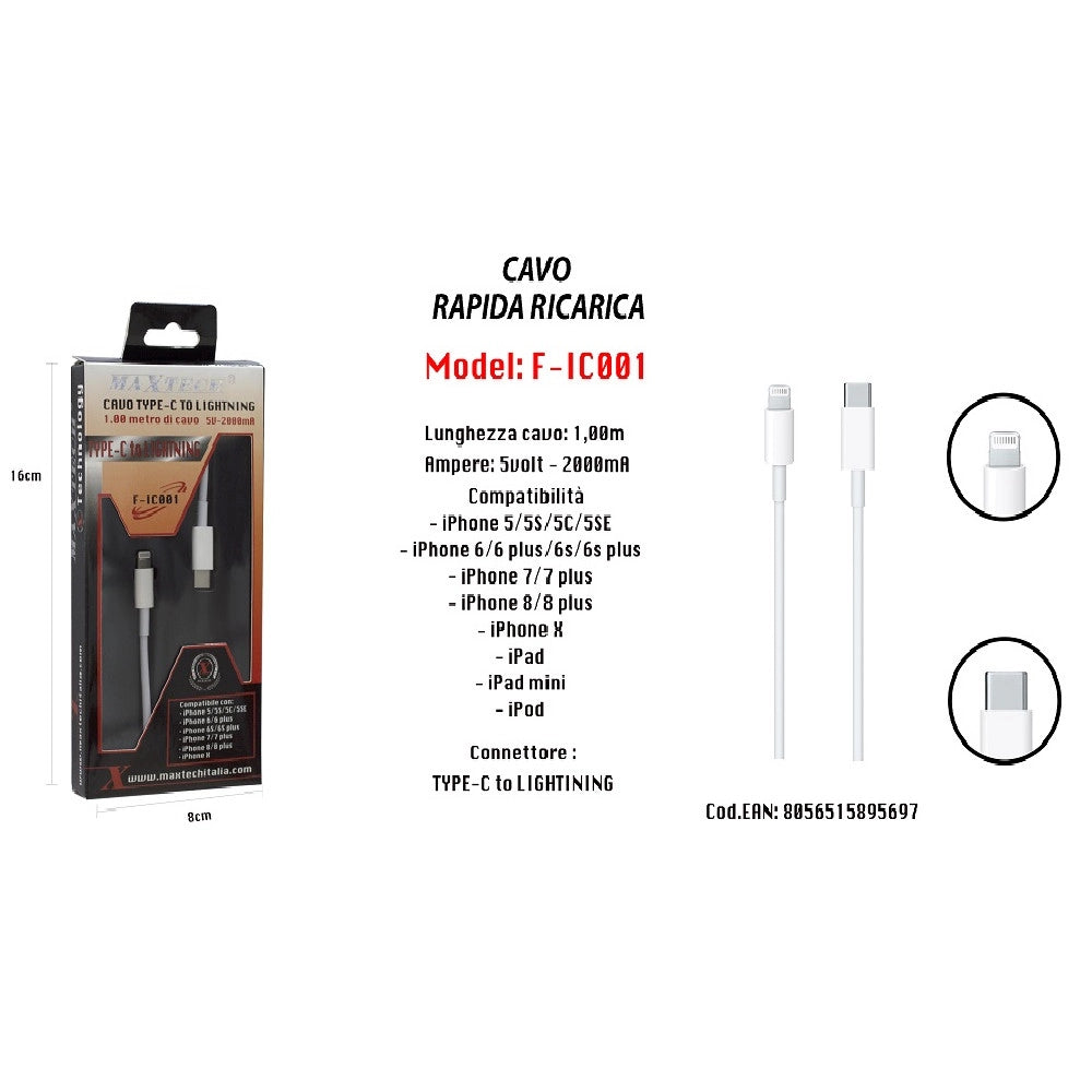 Trade Shop - Cavo Ricarica Rapida Per Iphone Ipad Ipod Da Type‑c A Lightning Maxtech F-ic001 -