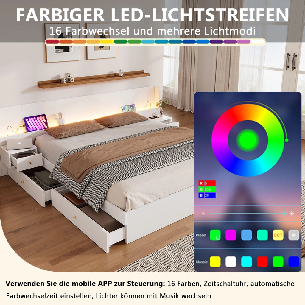 LETTO Matrimoniale 180x200 cm MDF Bianco con USB, LED, 2 comodini e cassetti