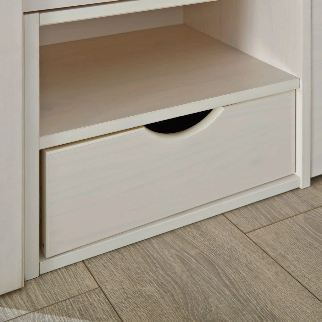 LETTO TILL + VANI CONTENITORE + COMODINO CON RUOTE 166x209x47,5H PINO MASSELLO BIANCO DOGHE INCLUSE
