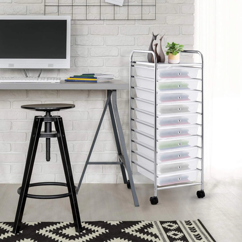 Carrello con 10 Cassetti da Stoccaggio, Cassettiera di Metallo e Plastica, Contenitore Multiuso con Ruote a Freno, per Casa e Ufficio (Trasparente)