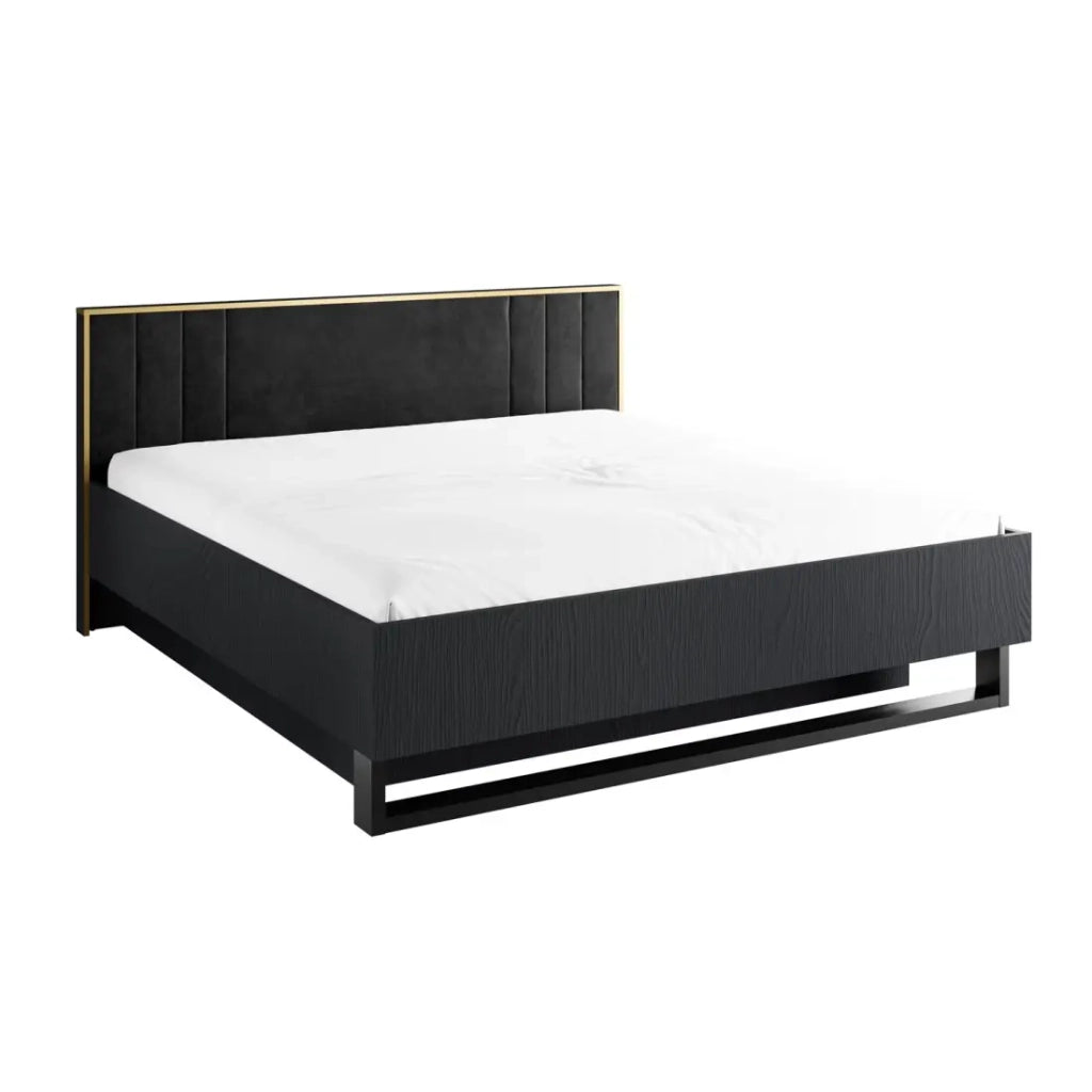 Letto MONDO – 180x200 cm – Nero strutturato e dorato – Piedi in metallo – Rete inclusa