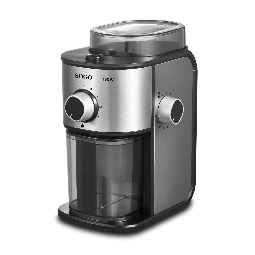 Macinacaffè elettrico con macine in acciaio 14 livelli di macinatura, capacità 200g chicchi selezione 2-12 tazze - Sogo