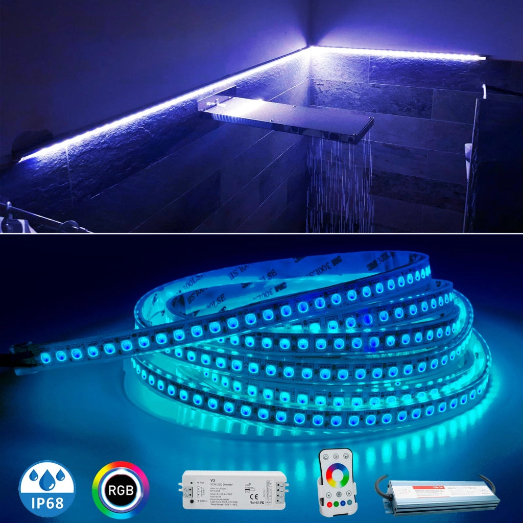 KIT striscia 600 LED RGB luce cromoterapia bagno centralina RF 24V stagna IP68