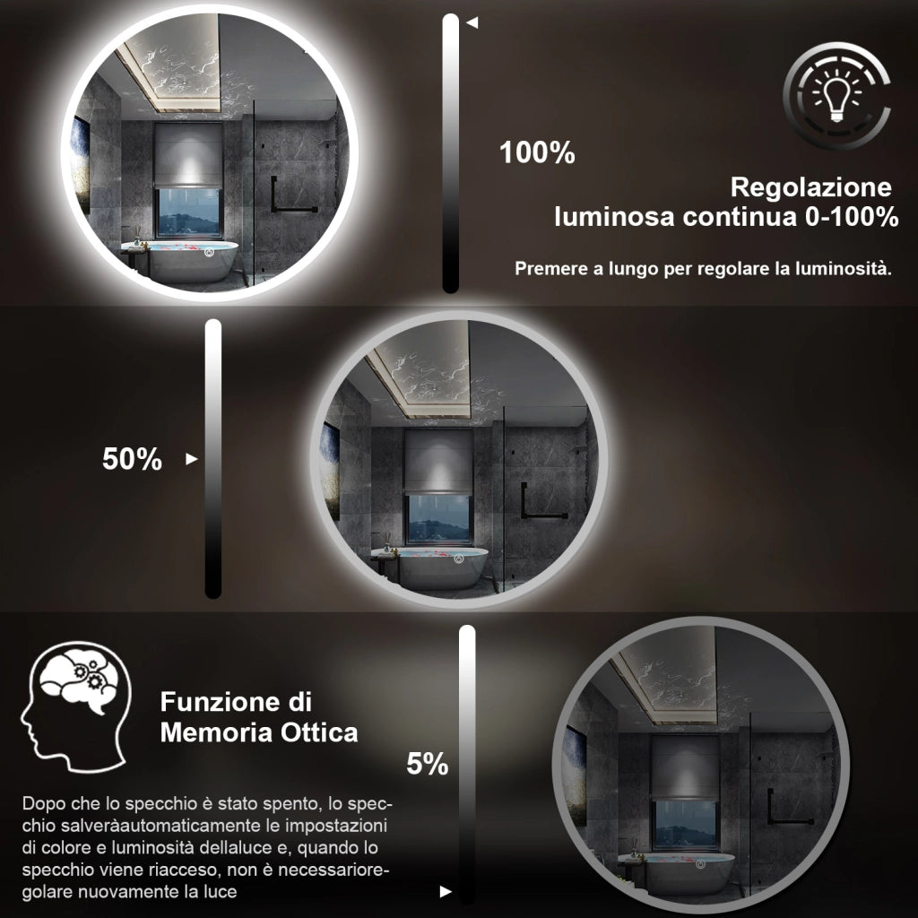 specchio 80 cm rotondo con luce led antiappannamento e touch