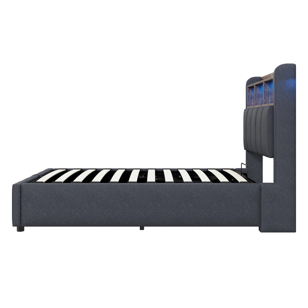 LETTO imbottito 90x200 cm Grigio con LED, USB e vano contenitore