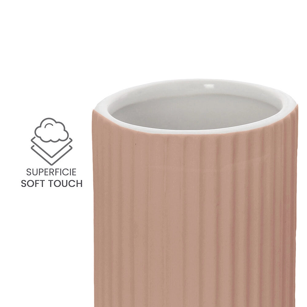 Set accessori bagno in ceramica rosa con dispenser sapone e due portaspazzolini Spring