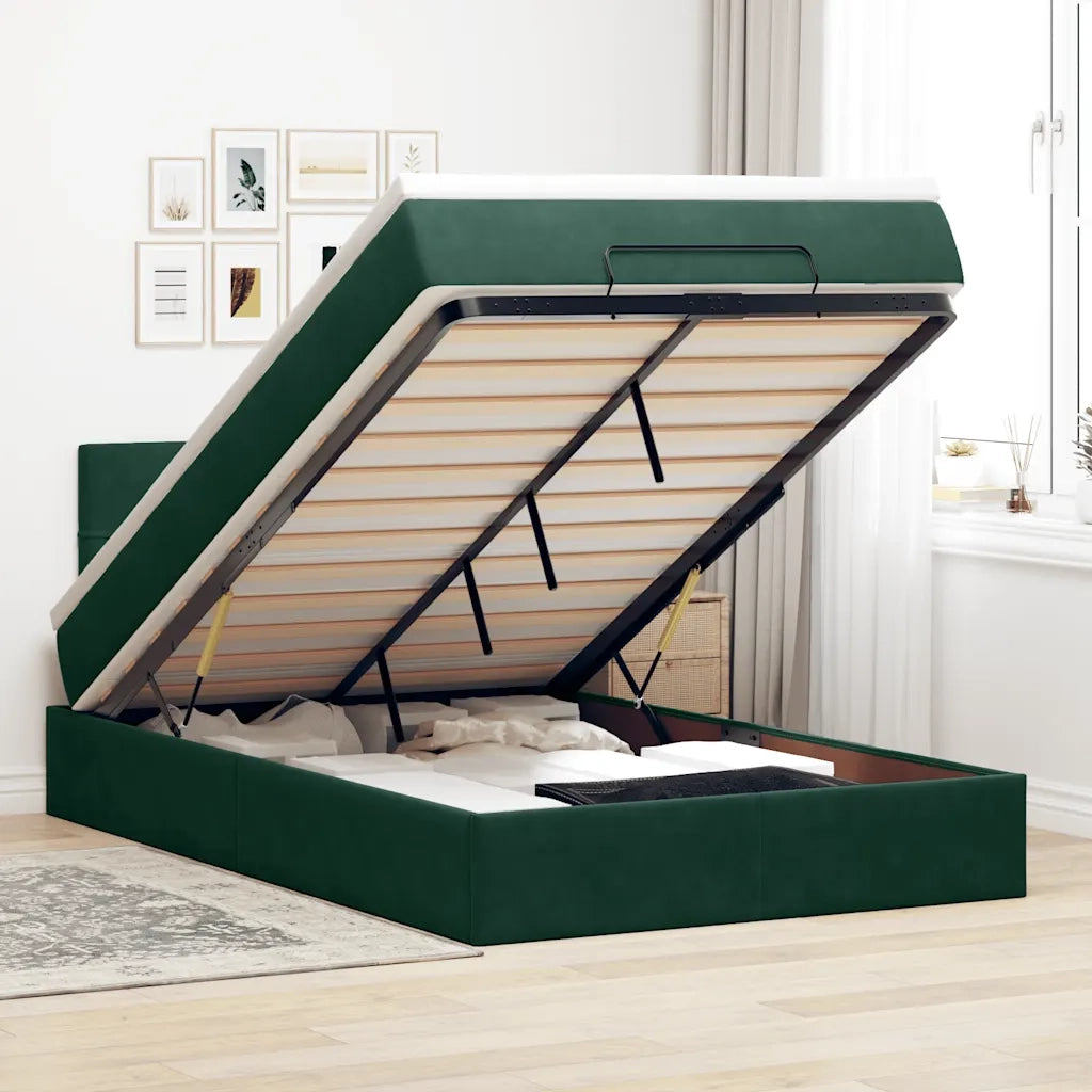 Pouf Letto con Materasso e LED Verde Scuro 120x190cm in Velluto