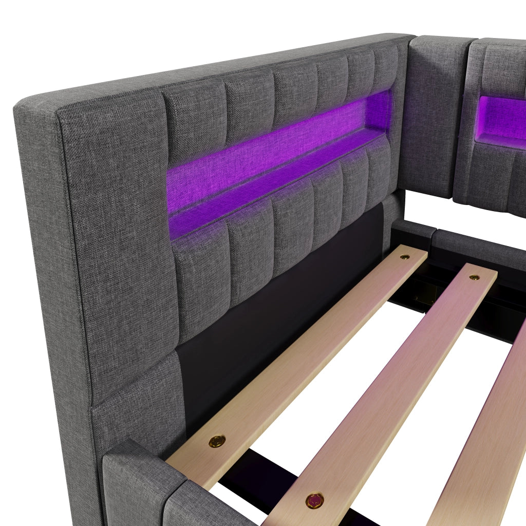 LETTO Contenitore 90x200 cm in lino grigio con LED e USB