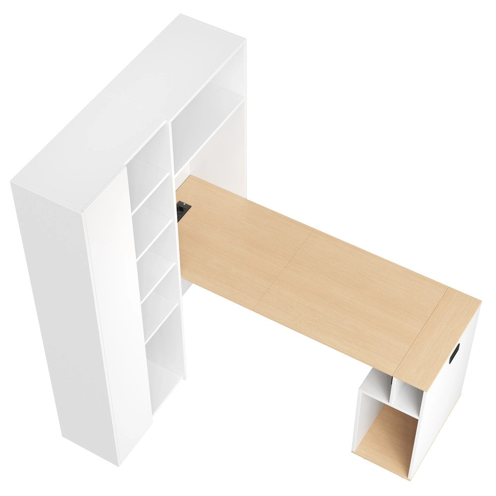 Scrivania Pieghevole con Libreria 2-in-1 ¨C Xylo ¨C Bianca, Ripiani Regolabili, Angolare, Presa USB