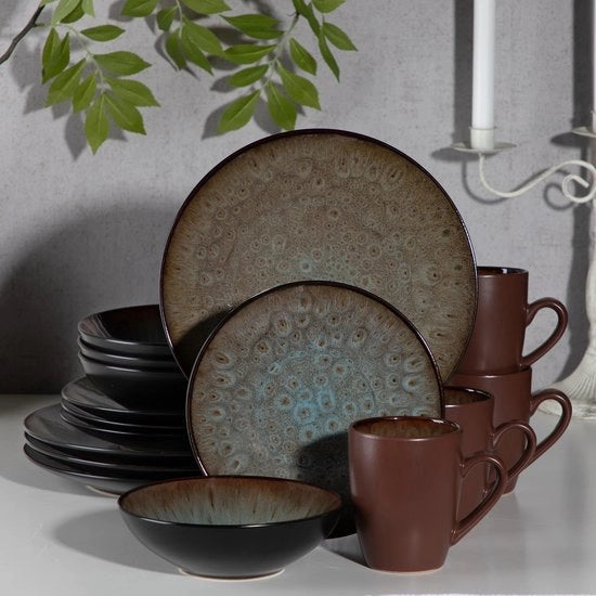 Set di servizio da 48 pezzi in ceramica vintage - piatti, piatti da dessert, bicchieri e tazze - fondo in pietra naturale marrone - elegante e sostenibile