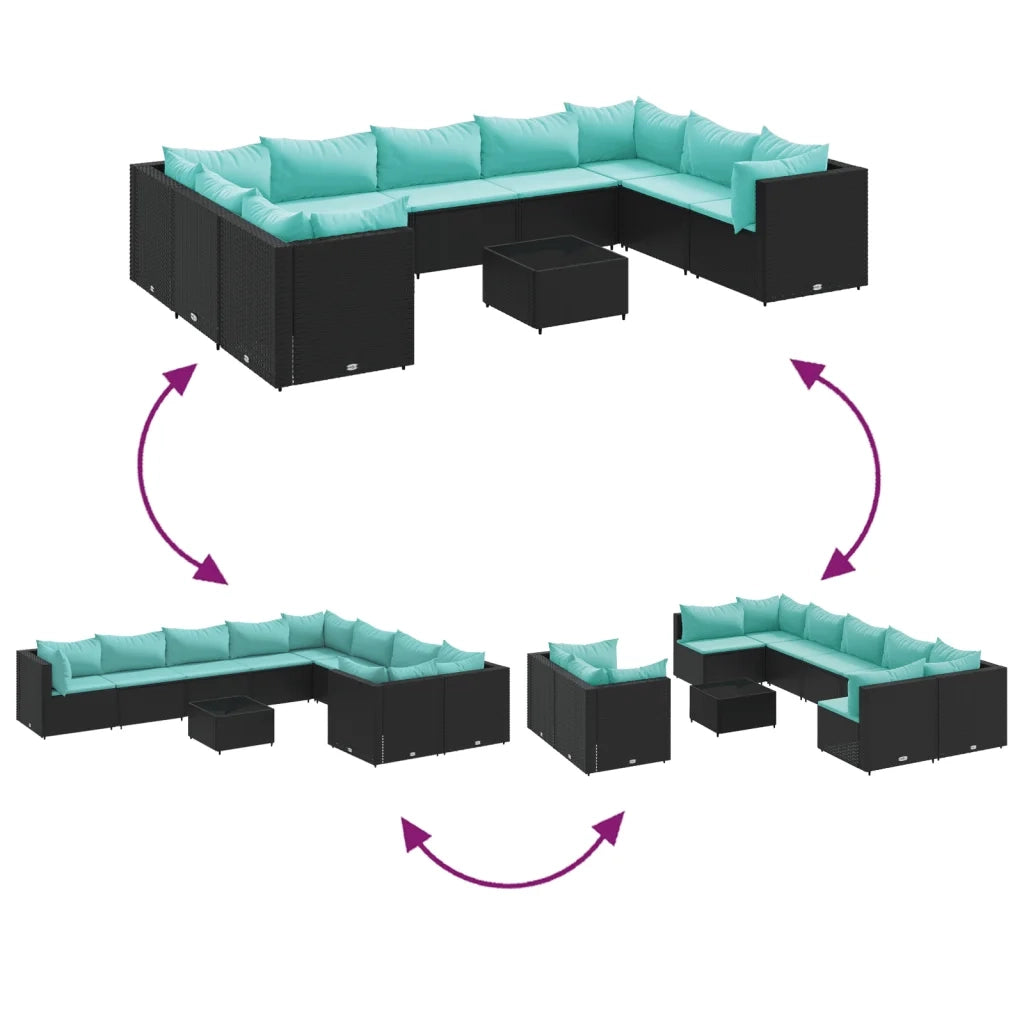 Set Divani da Giardino 10pz con Cuscini in Polyrattan Nero