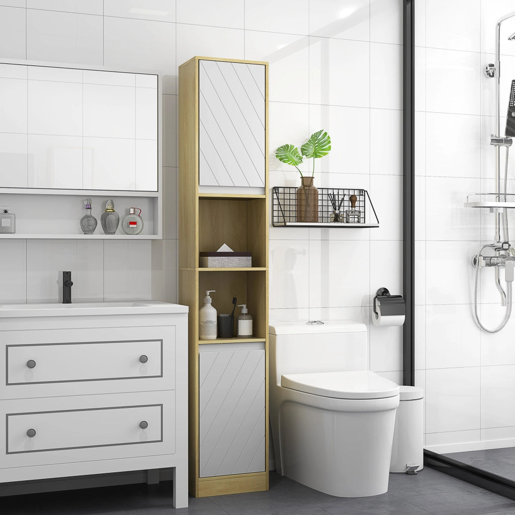 Colonna Bagno Stretto con 2 Ante e Ripiani Aperti ¨C Zephmum ¨C Rovere Bianco 30x24x170 cm
