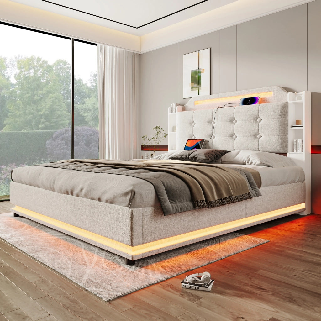 LETTO imbottito 140x200 cm in lino beige con LED e contenitore idraulico