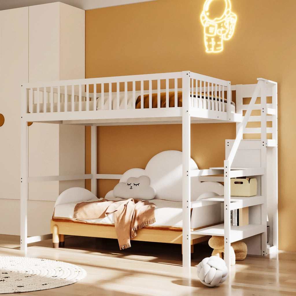 Letto a soppalco 140x200 con scala - Zephmum - Bianco, scaffale di stoccaggio, armadio semplice
