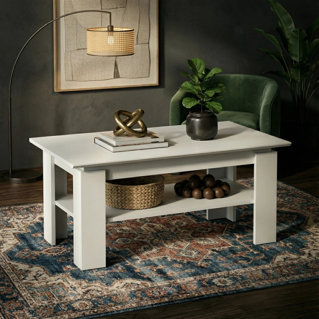 Tavolino, Tavolino da caff? Sola - Bianco - Ripiano aggiuntivo - Larghezza 90 cm, Altezza 43 cm, Profondit? 55 cm