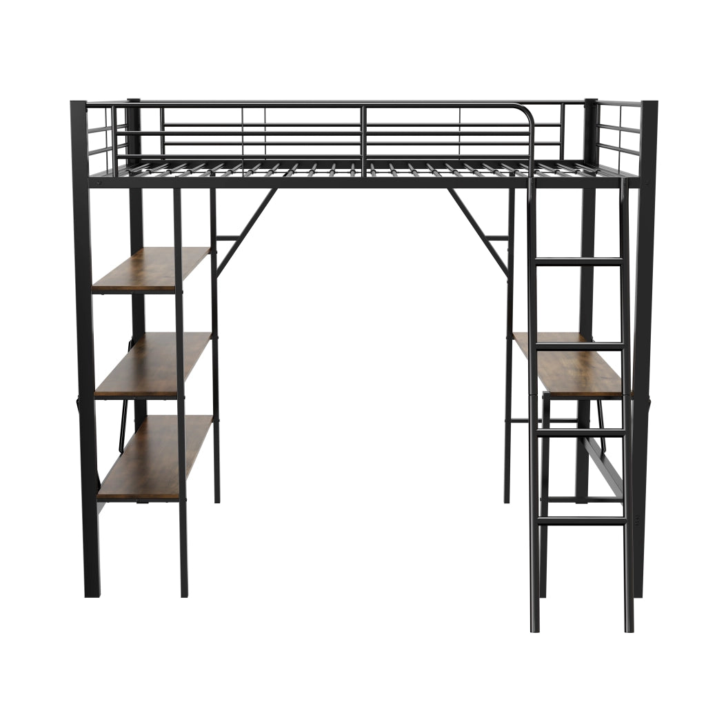 Letto a soppalco 90x200 cm in metallo con scrivania e 3 ripiani, nero