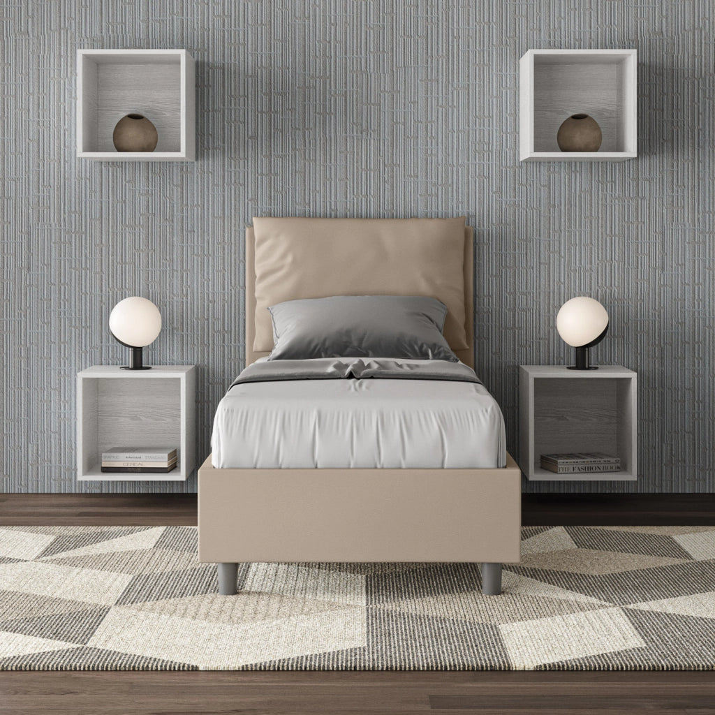 BS COM Letto singolo con rete imbottito 80x210 similpelle tortora