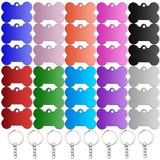 Penne per cani in alluminio, 30 pezzi, bianche, 2,5 x 3,8 cm, acqua resistente, con catena, per animali domestici