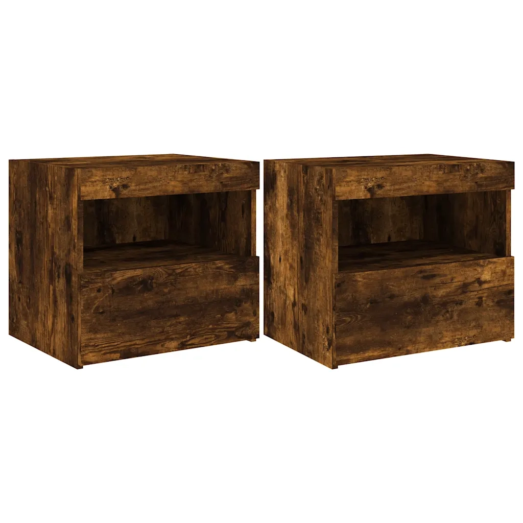 Set di 2 Comodini | Armadio da Notte | Mobiletto da notte con Luci LED Rovere Fumo 50x40x45 cm