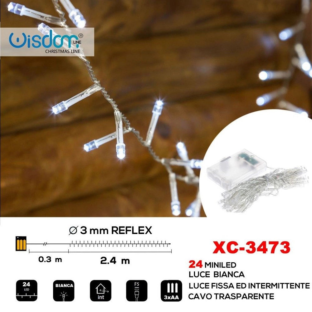 Trade Shop - Catena 24led A Batteria Cavo Trasparente Luce Bianca Fissa+intermittente Xc-3473 -