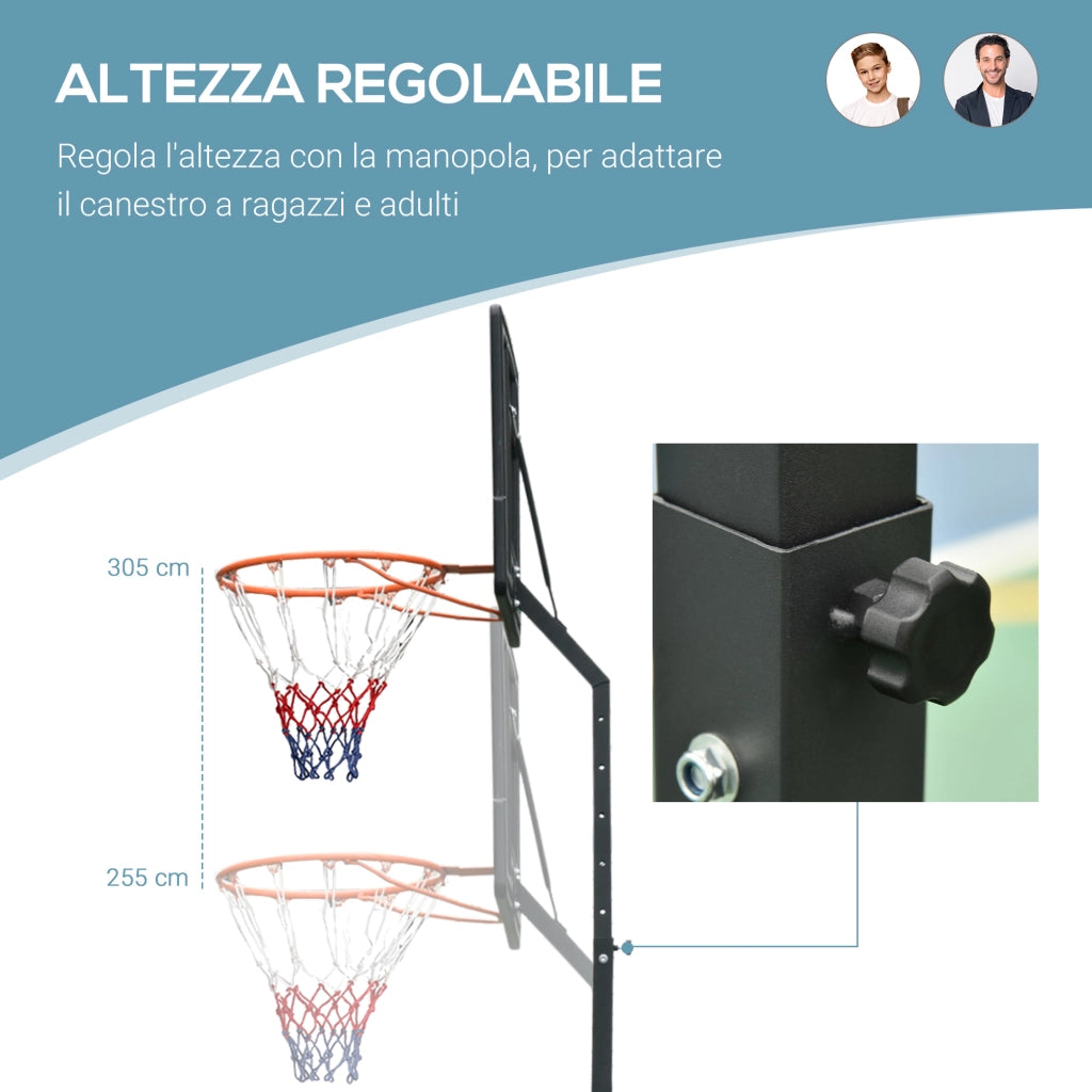 EasyComfort Canestro Basket per Adulti con Altezza Regolabile 302-352cm, Struttura in Acciaio, PE e PVC, Nero