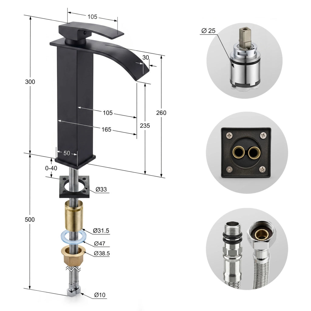 Rubinetto lavabo alto a cascata nero da appoggio miscelatore bagno EVIO