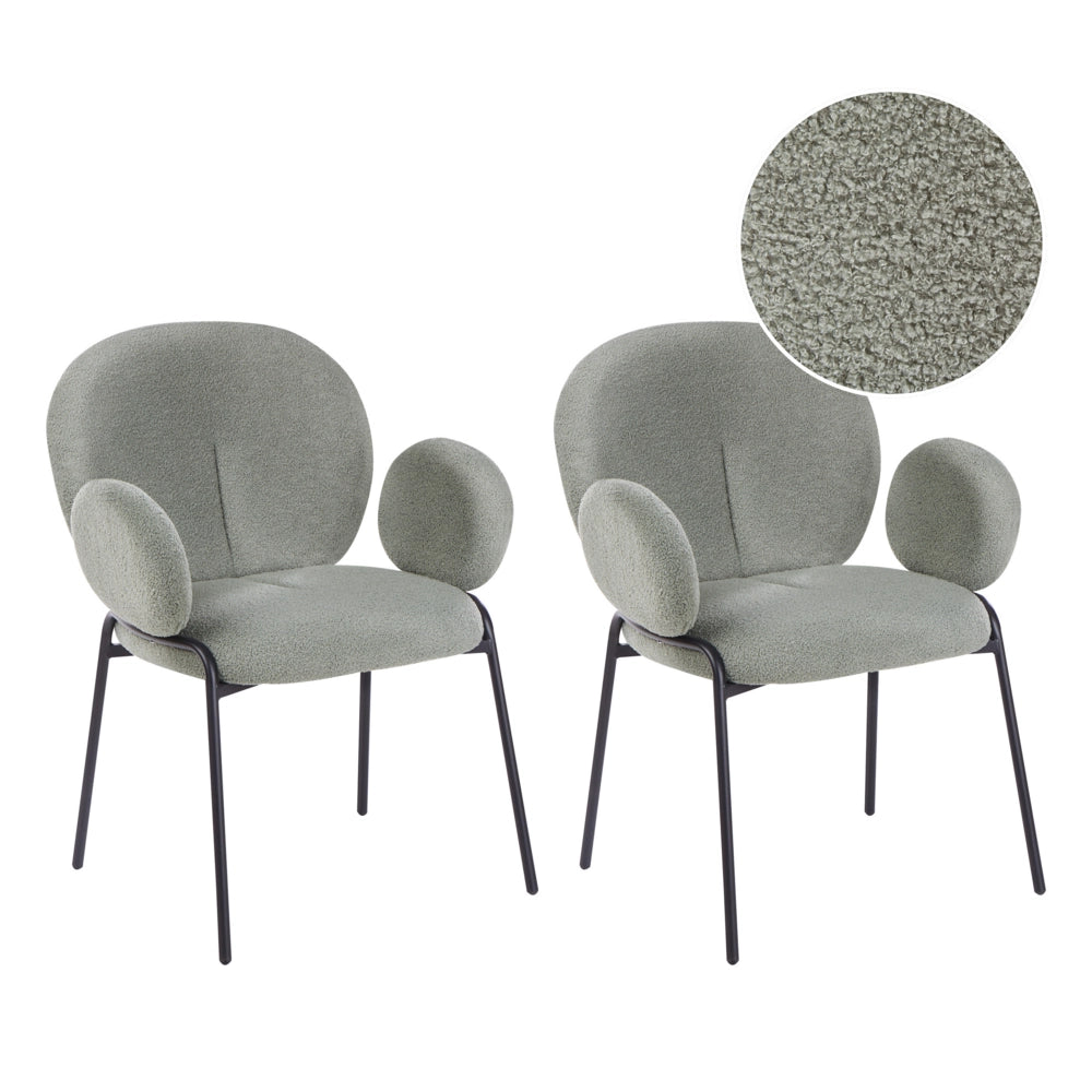 Set di 2 sedie da pranzo in tessuto boucle verde stile retrò seduta rotonda