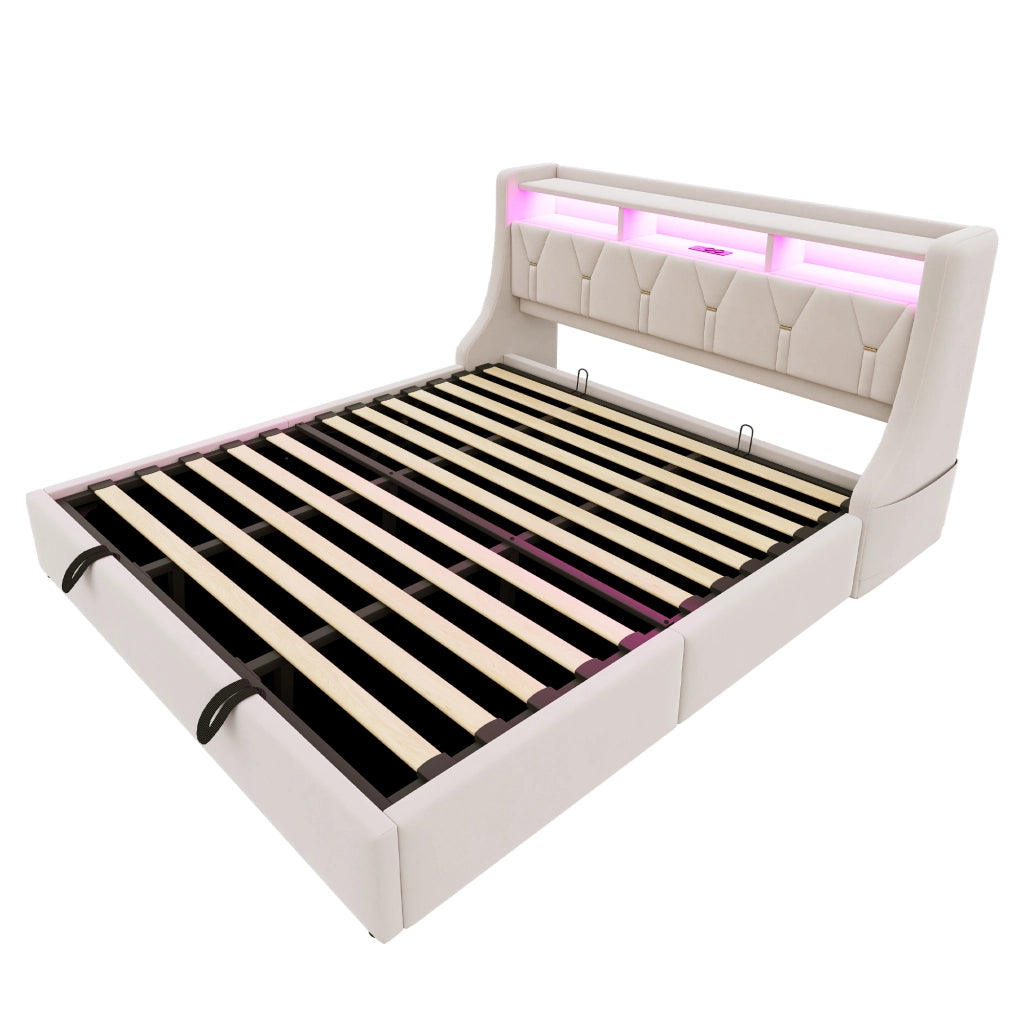LETTO Contenitore 180x200 cm in velluto beige con LED, prese USB e Type-C