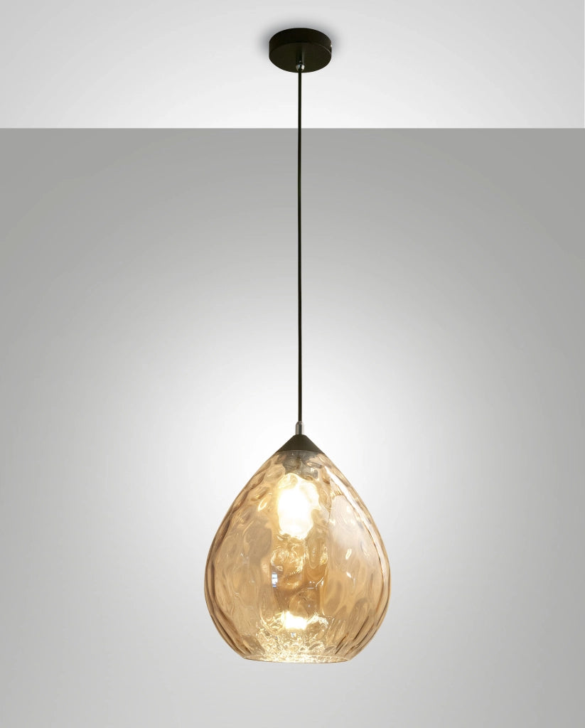 Lampada a Sospensione Gisella in Vetro Soffiato Ambra con Struttura in Metallo - Elegante Illuminazione d'Interni Ø260mm Attacco E27