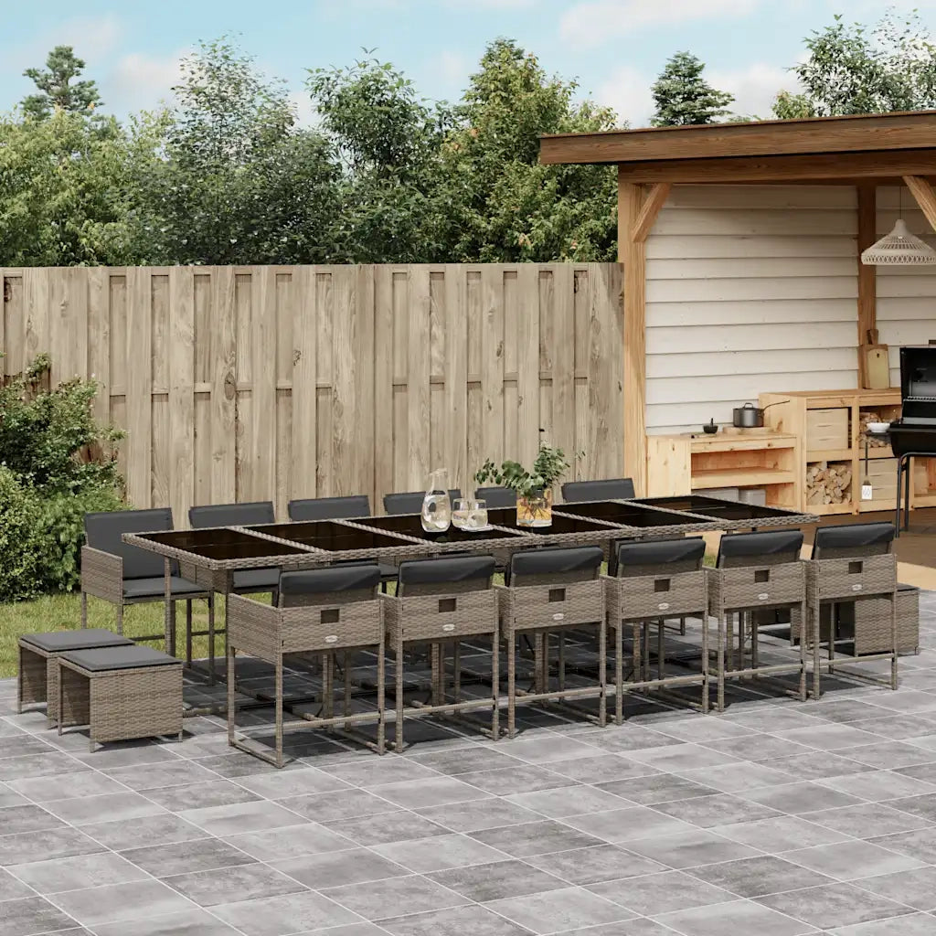 Set da Pranzo da Giardino 17pz con Cuscini Grigio in Polyrattan