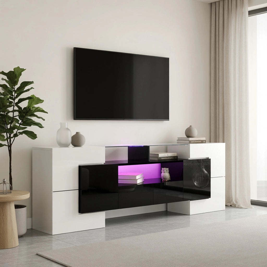 Cassettiera per TV bianca e nera in truciolare lunghezza 200 cm