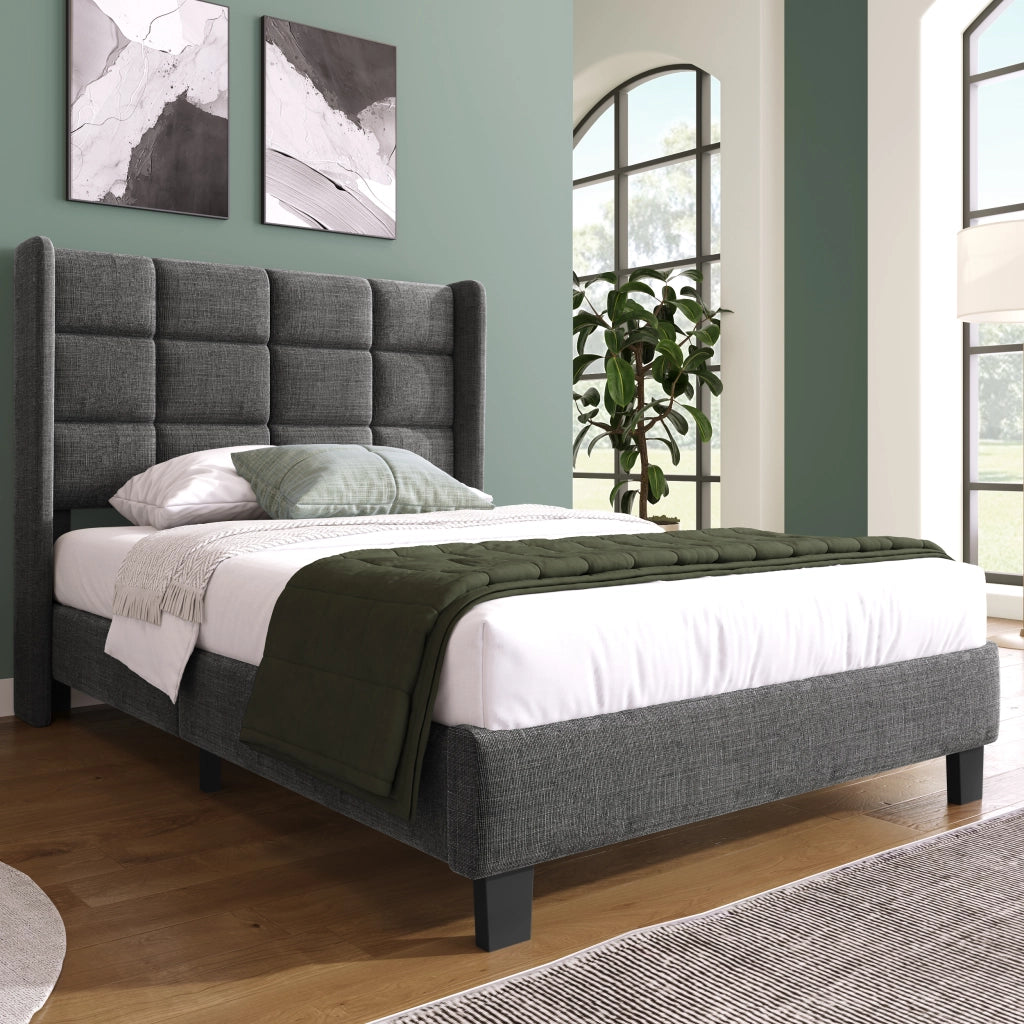 LETTO Imbottito 90x200 cm Lino Grigio con rete a doghe