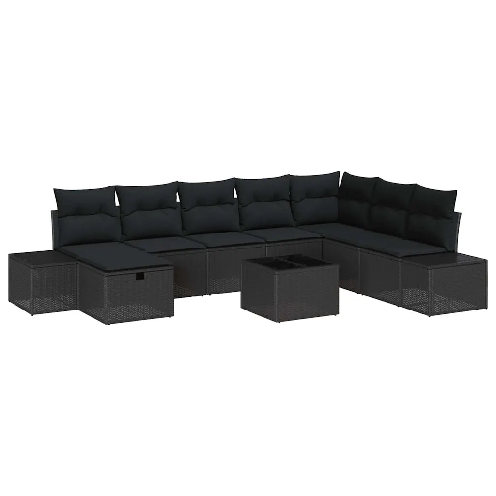 Set Divano da Giardino con cuscino 9 pcs Nero polyrattan