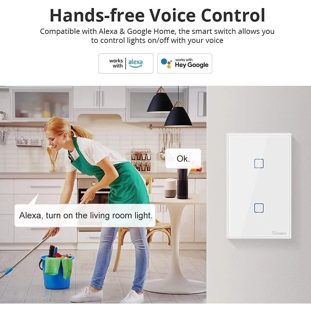 Trade Shop - Interruttore Luce Parete Smart Home Touch Wireless Wifi A 2 Canali Sonoff T0us2c -
