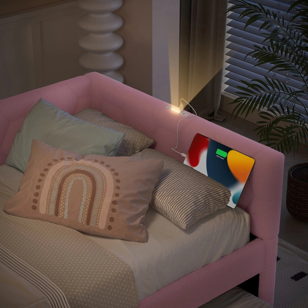 Letto Singolo con Divano e Rete a Doghe ¨C MINIMAL ¨C Rosa, Tessuto, 90x200