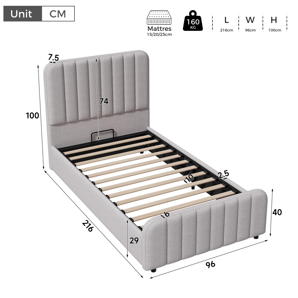 LETTO Contenitore 90x200 cm con rete sollevabile Grigio in lino