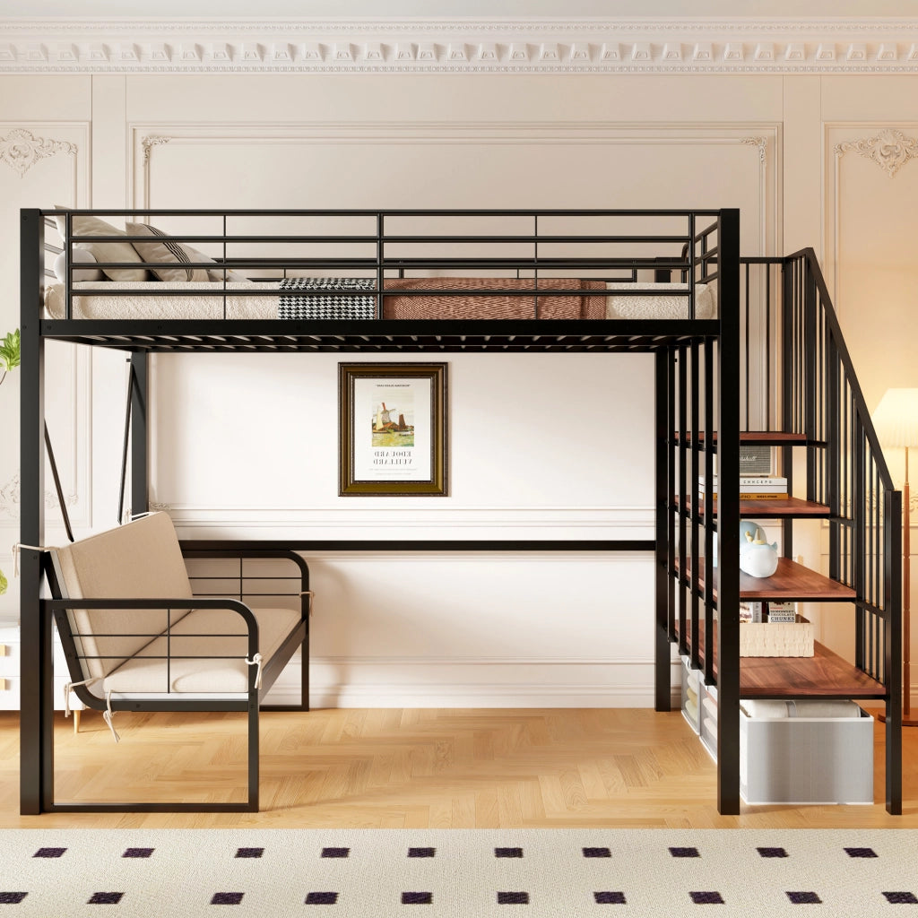 LETTO A CASTELLO 140x200 cm in metallo nero con divano e scala contenitore