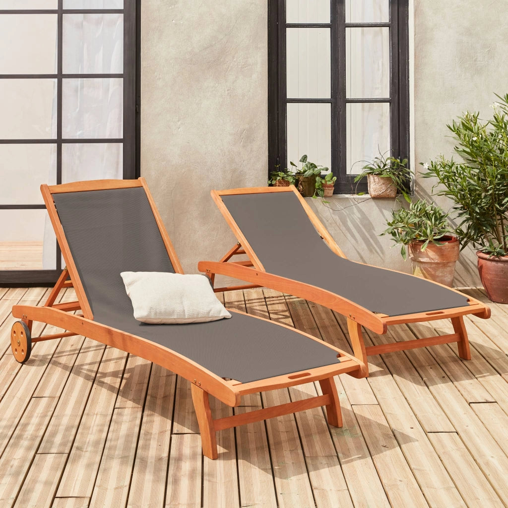 Set 2 lettini prendisole in legno multiposizione con ruote, antracite