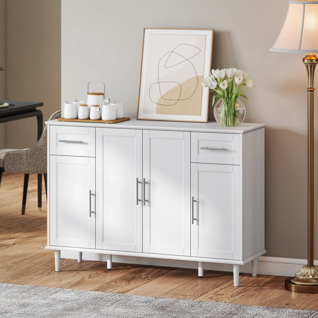 Credenza Buffet Elegante con 2 Cassetti e 3 Armadietti con Ripiani Regolabili, in Legno, 120x38x86 cm, Bianco