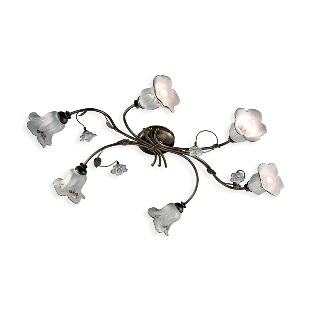 Plafoniera Classica Pisa Metallo E Ceramica Nero Sfumato Oro 6 Luci E14